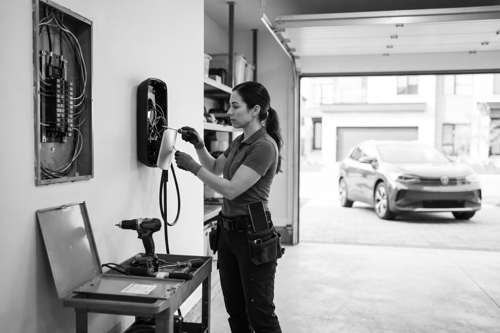 Electrician installing an EV charger in the garage of a modern home