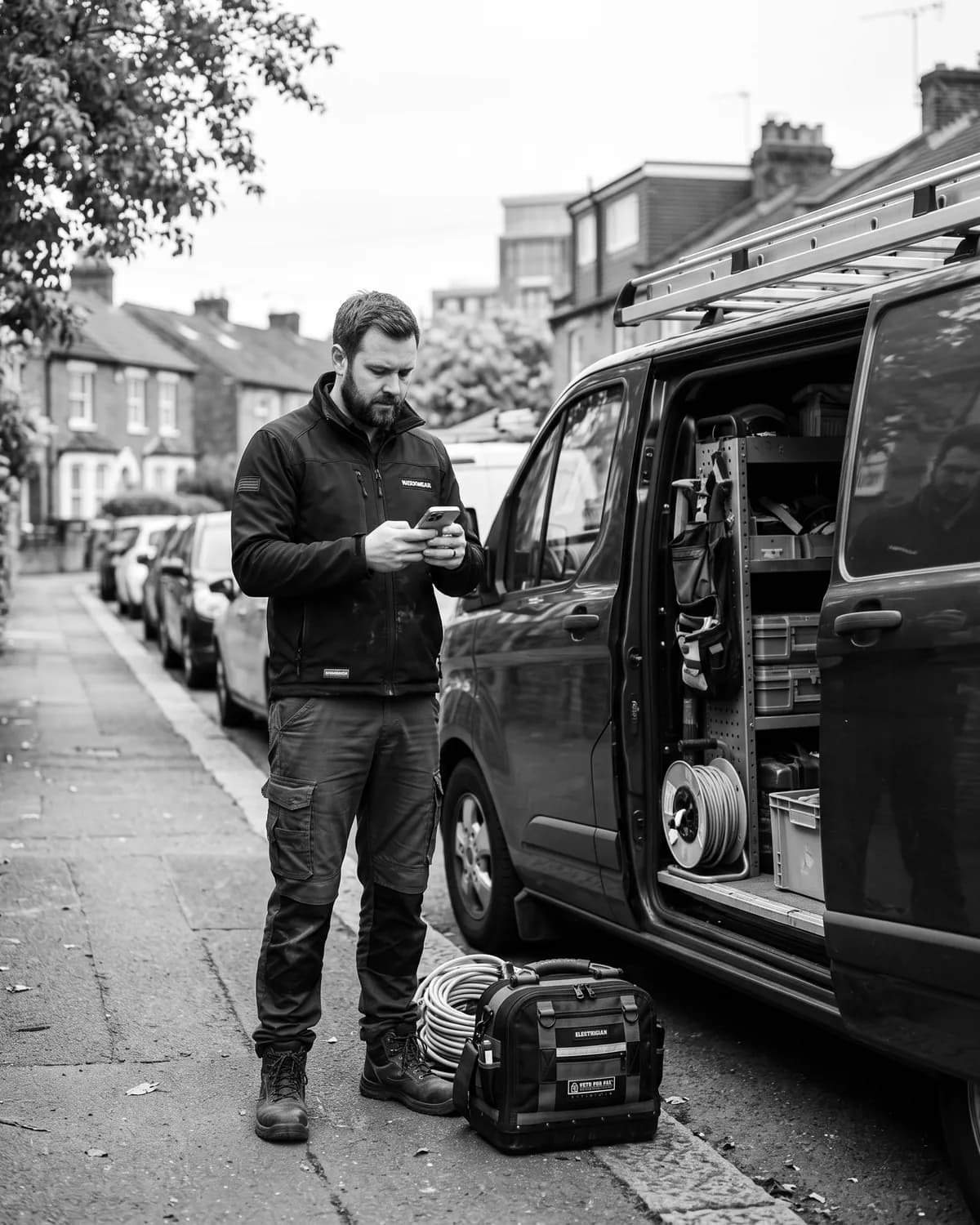 An electrician checking a map on his phone beside his open van