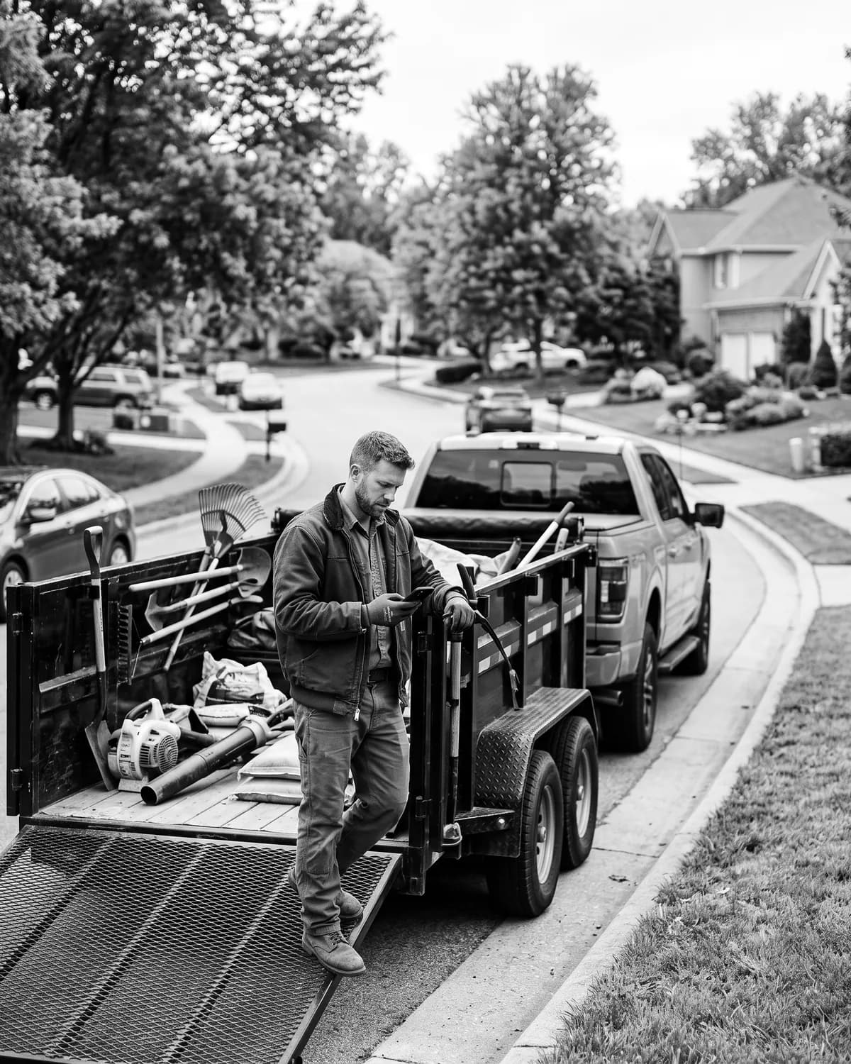 A landscaper loading a trailer on a suburban street, checking his phone