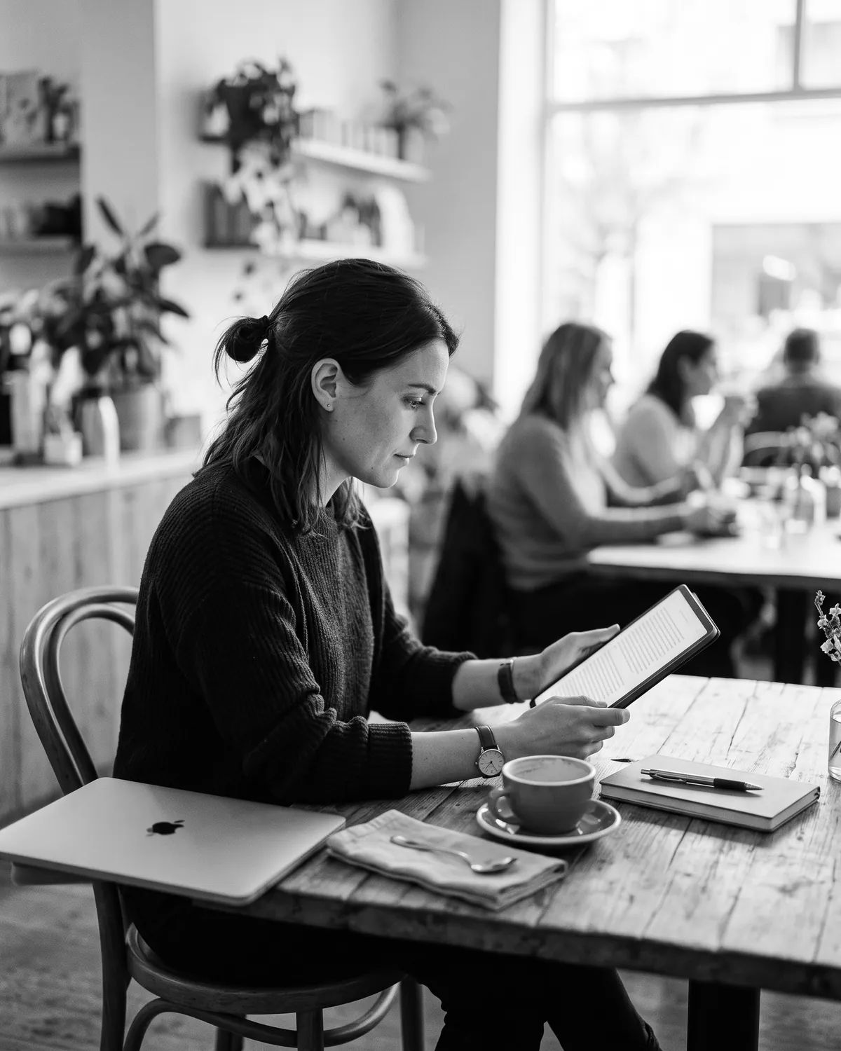 A person reading a long article on a tablet at a café table