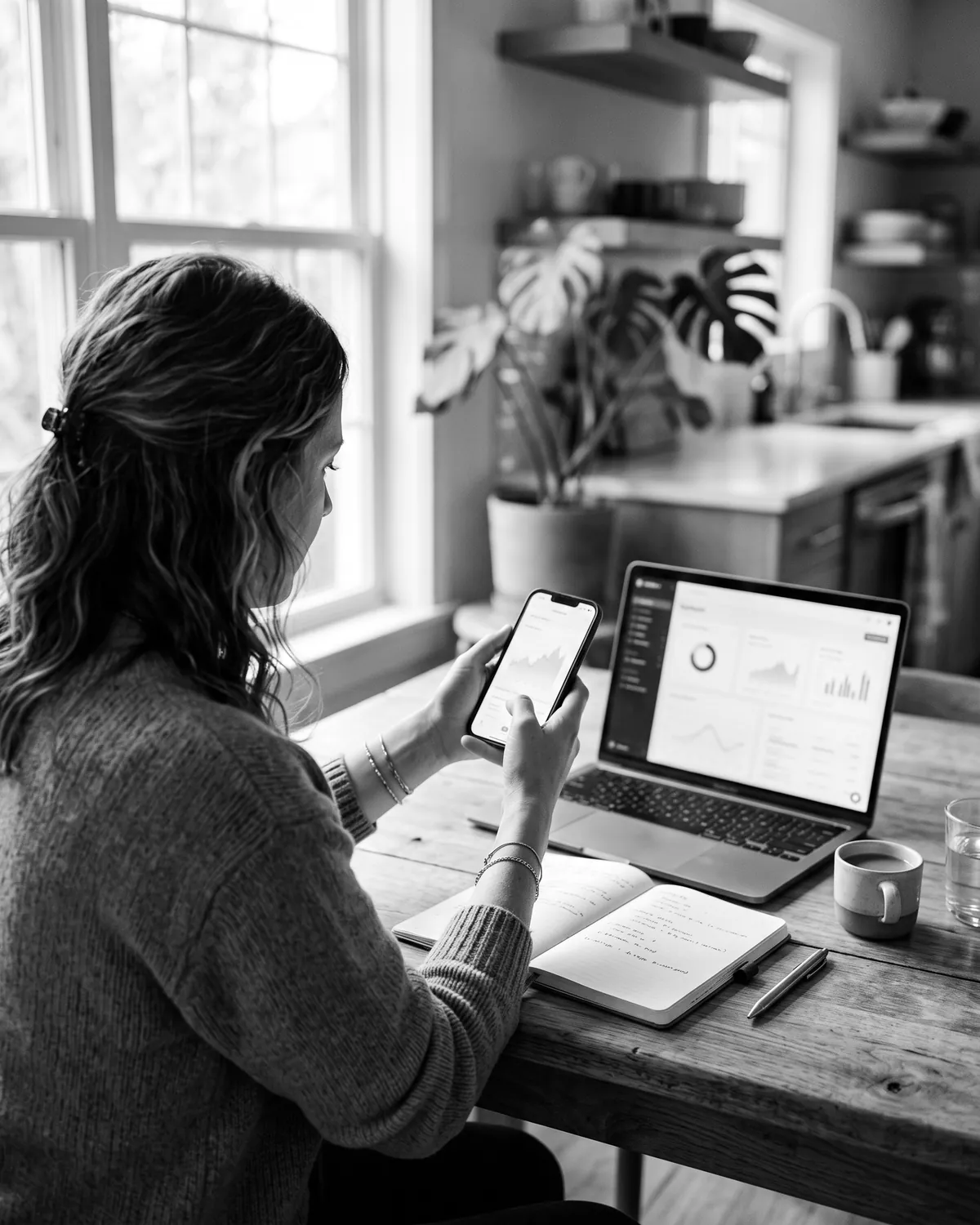 A business owner comparing a speed report on a laptop with her phone