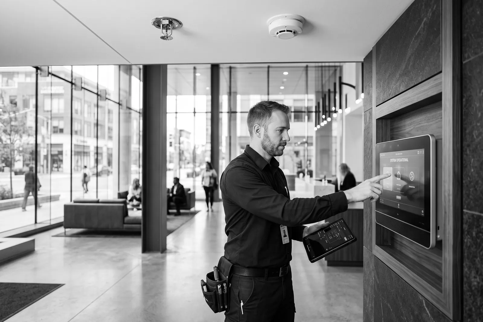 Technician testing a fire alarm panel in a modern glass lobby
