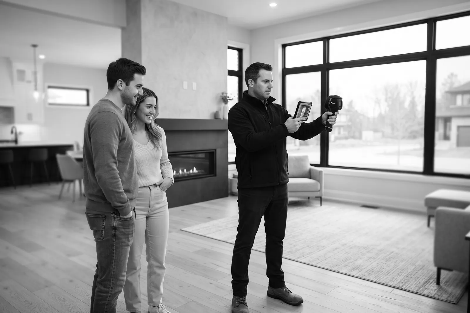 Home inspector with a tablet walking a couple through results in a new living room