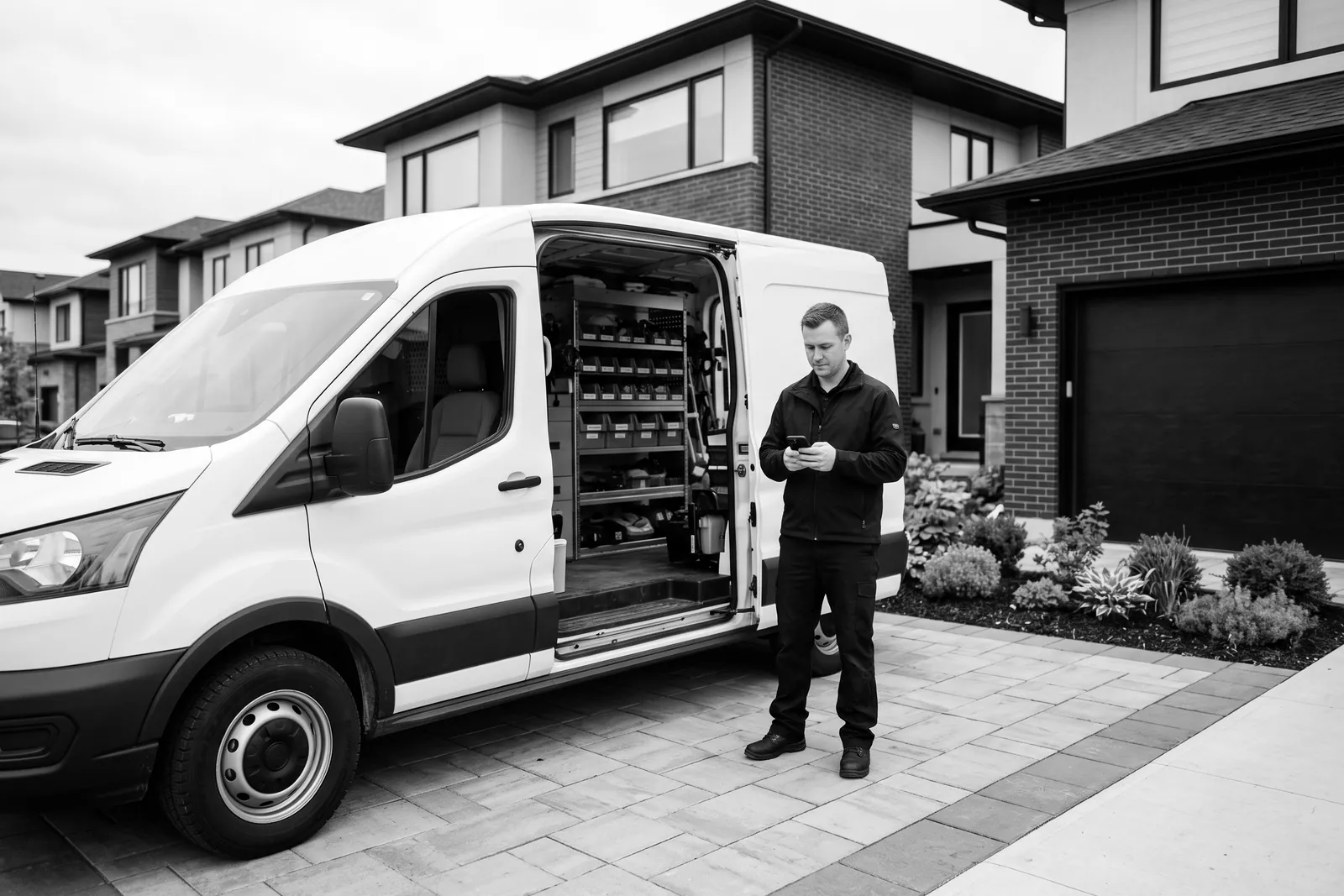 Technician beside an open work van on the driveway of a modern home
