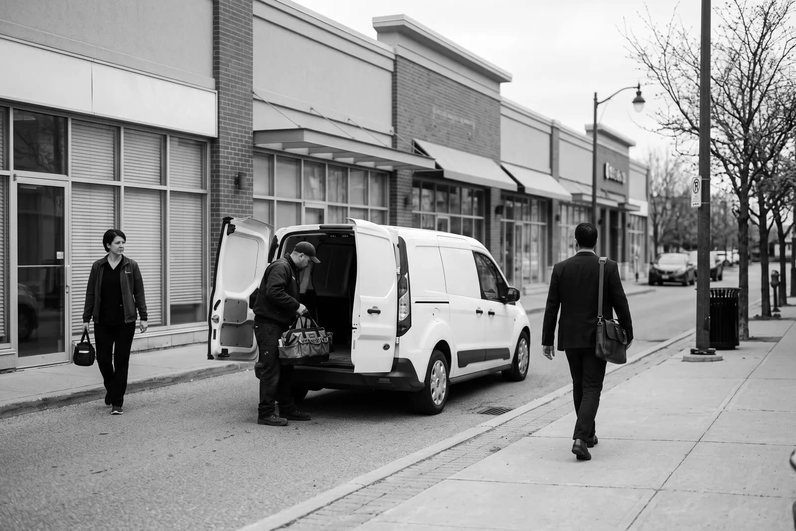 A clinic worker, an electrician at his van and a professional on a suburban plaza street