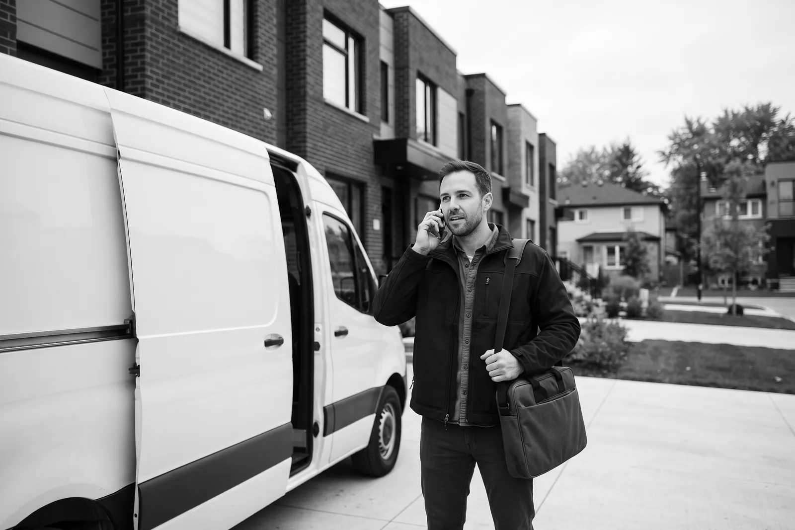 Business owner on a call beside his work van outside new townhouses