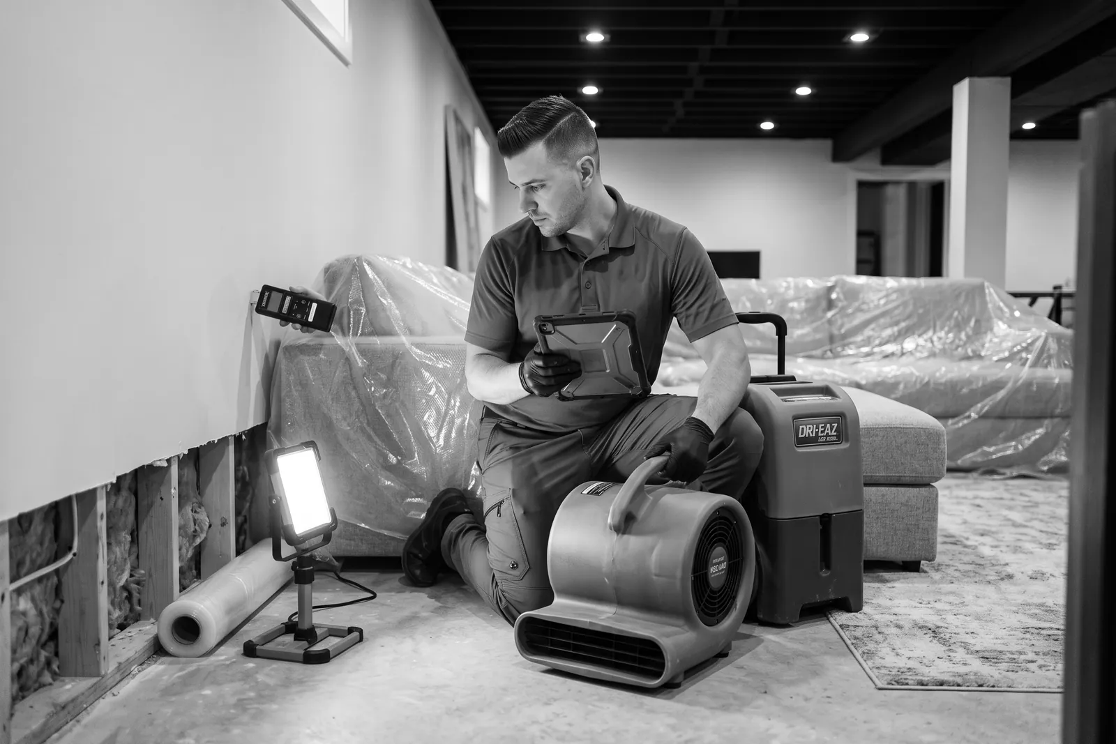 Restoration technician setting up an air mover in a basement under repair
