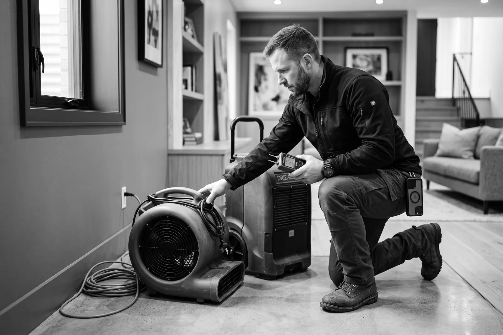 Restoration technician setting up an air mover and dehumidifier in a finished basement