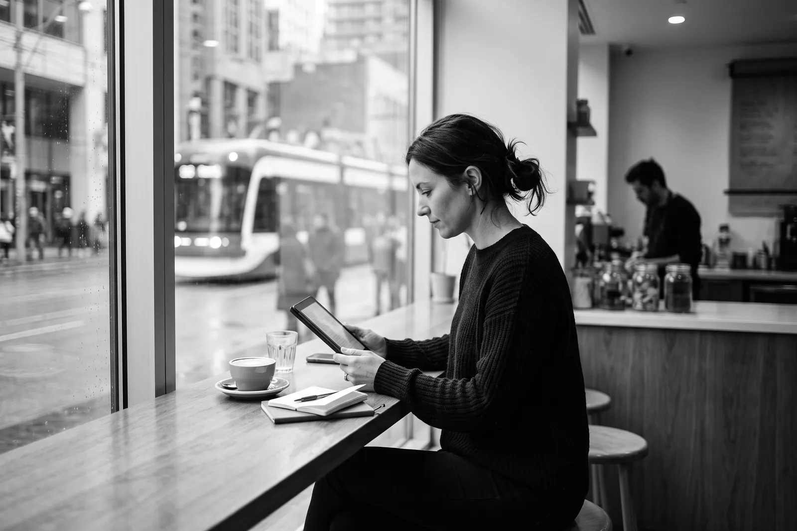 Person reading on a tablet at a café window with a streetcar outside