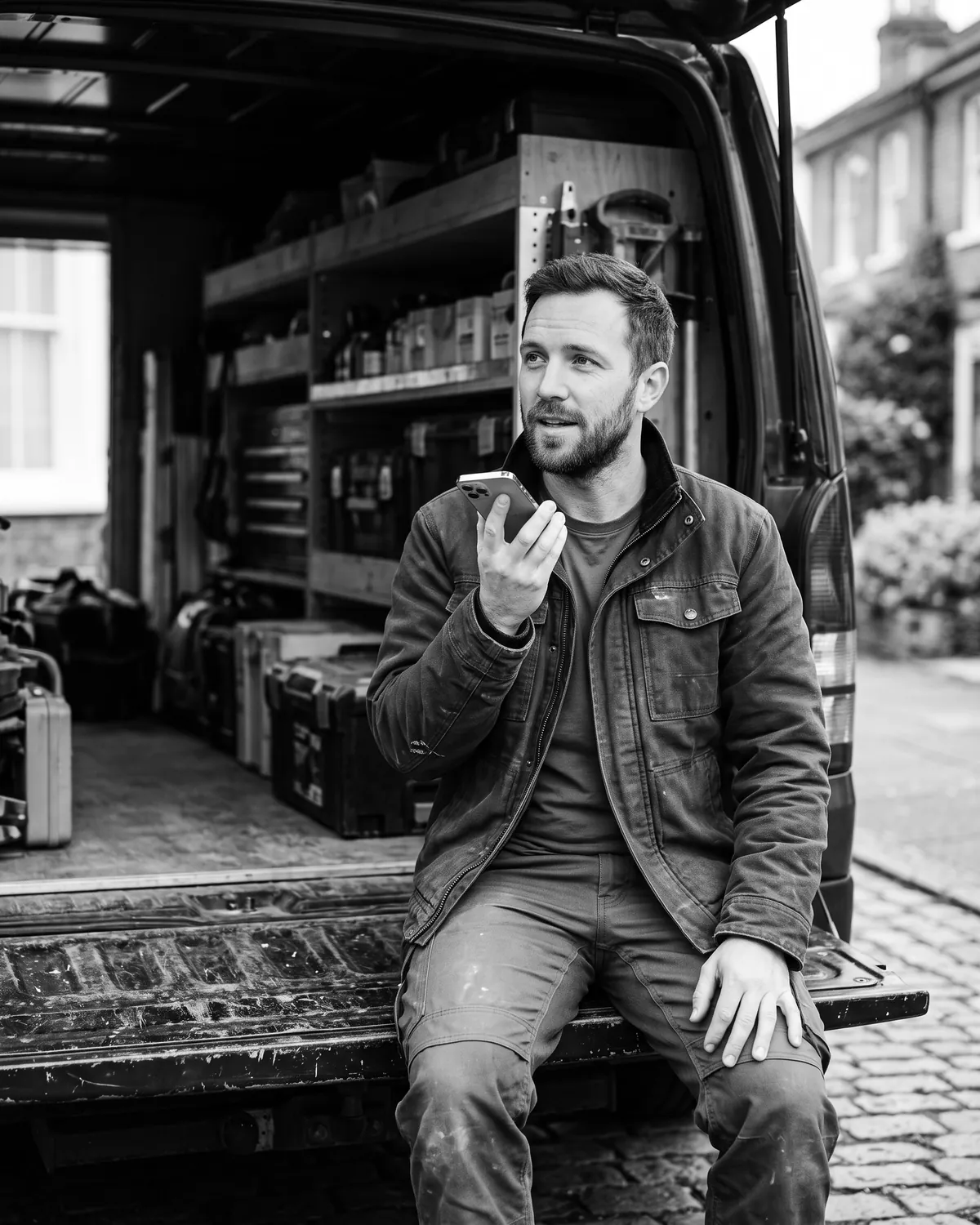 A tradesperson asking a question out loud into his phone beside his van