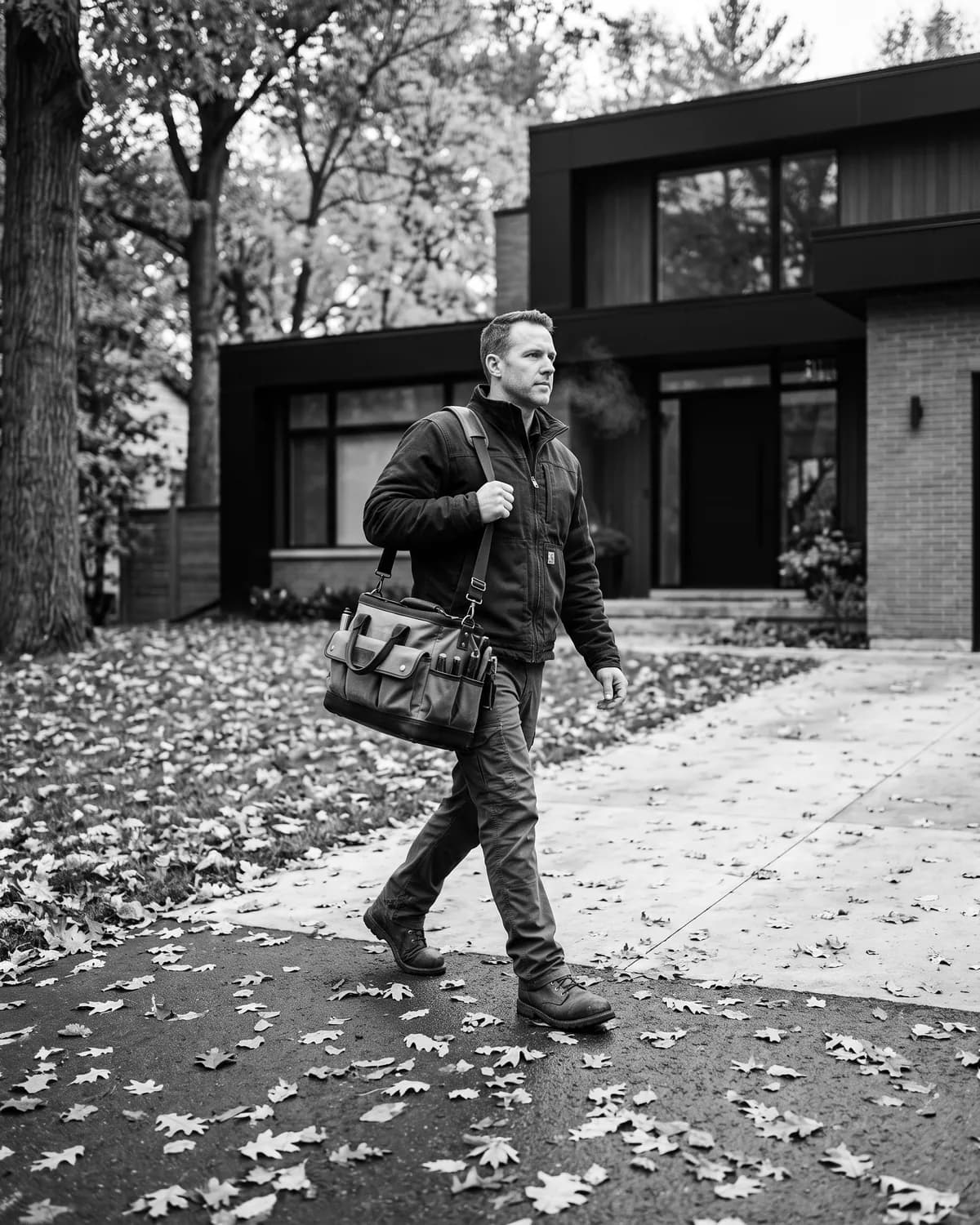 An HVAC technician carrying a service bag up a driveway on an autumn morning