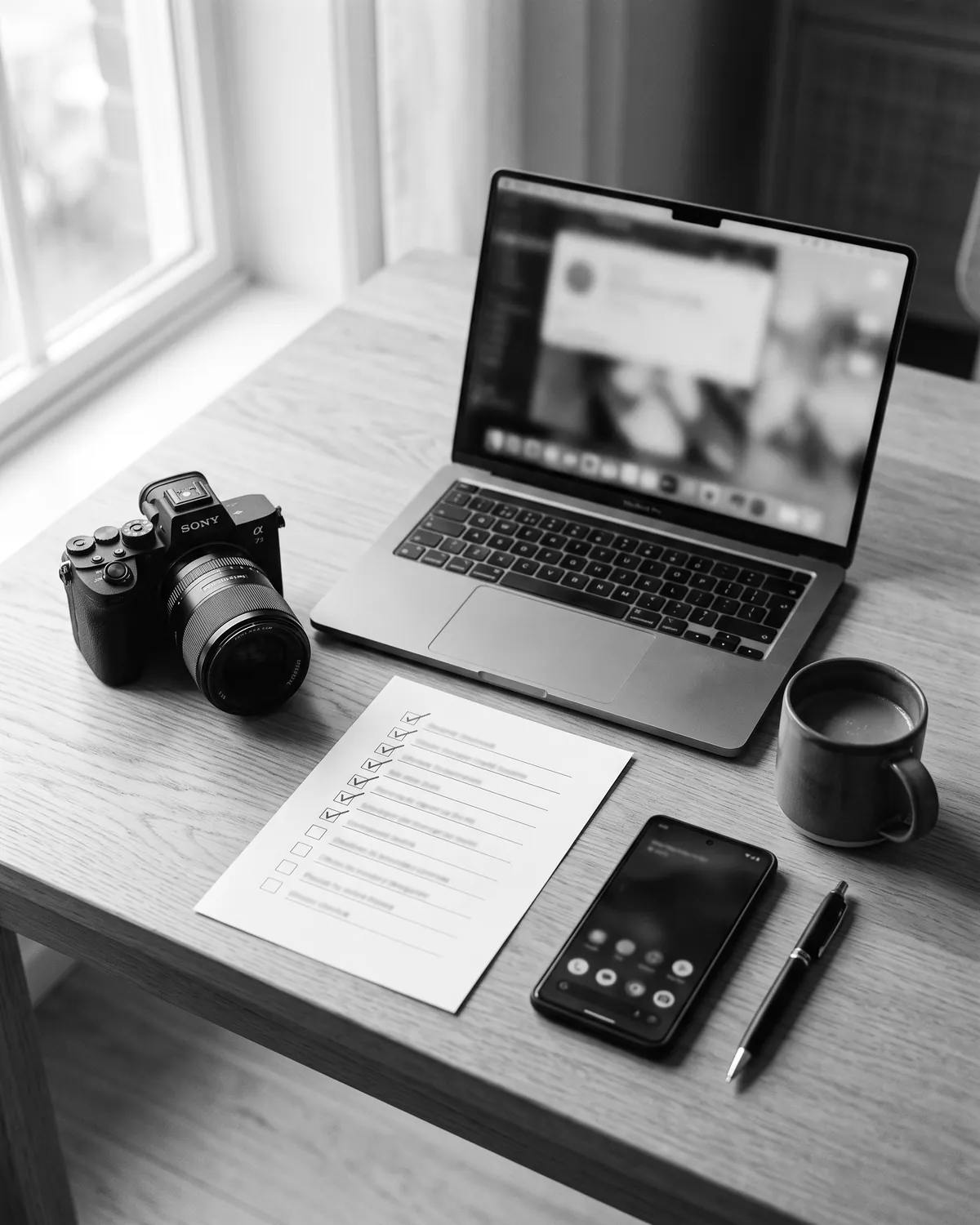 A desk with a laptop, a ticked paper checklist, a phone and a mug