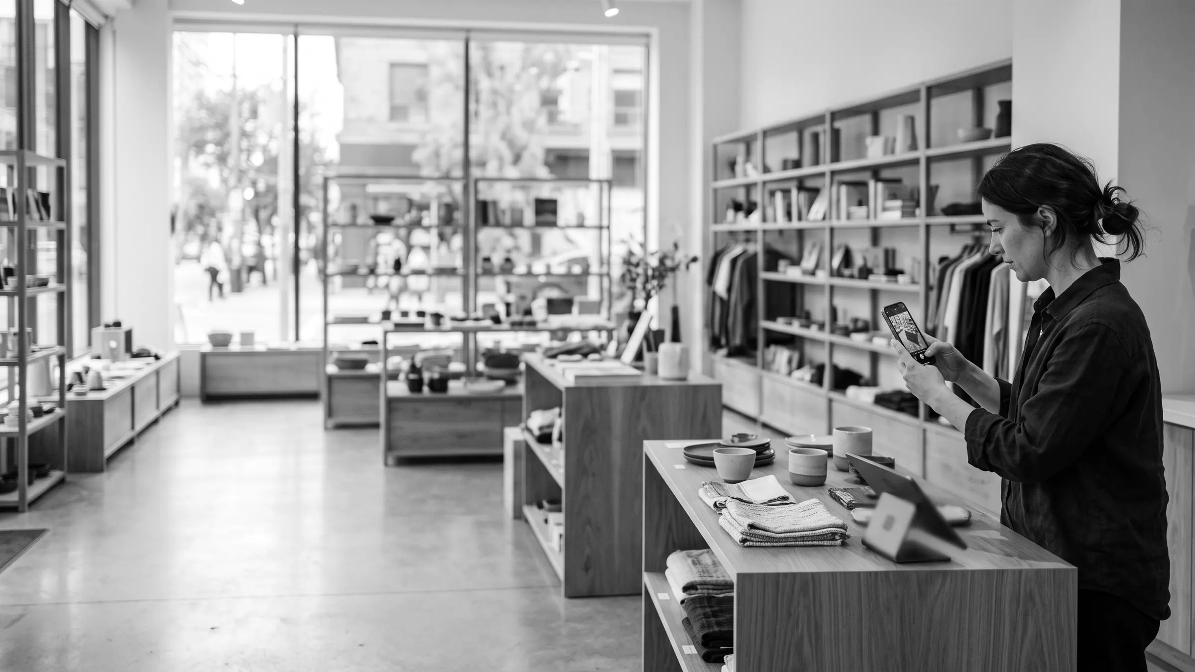 A shop owner photographing her counter with a phone in a bright storefront