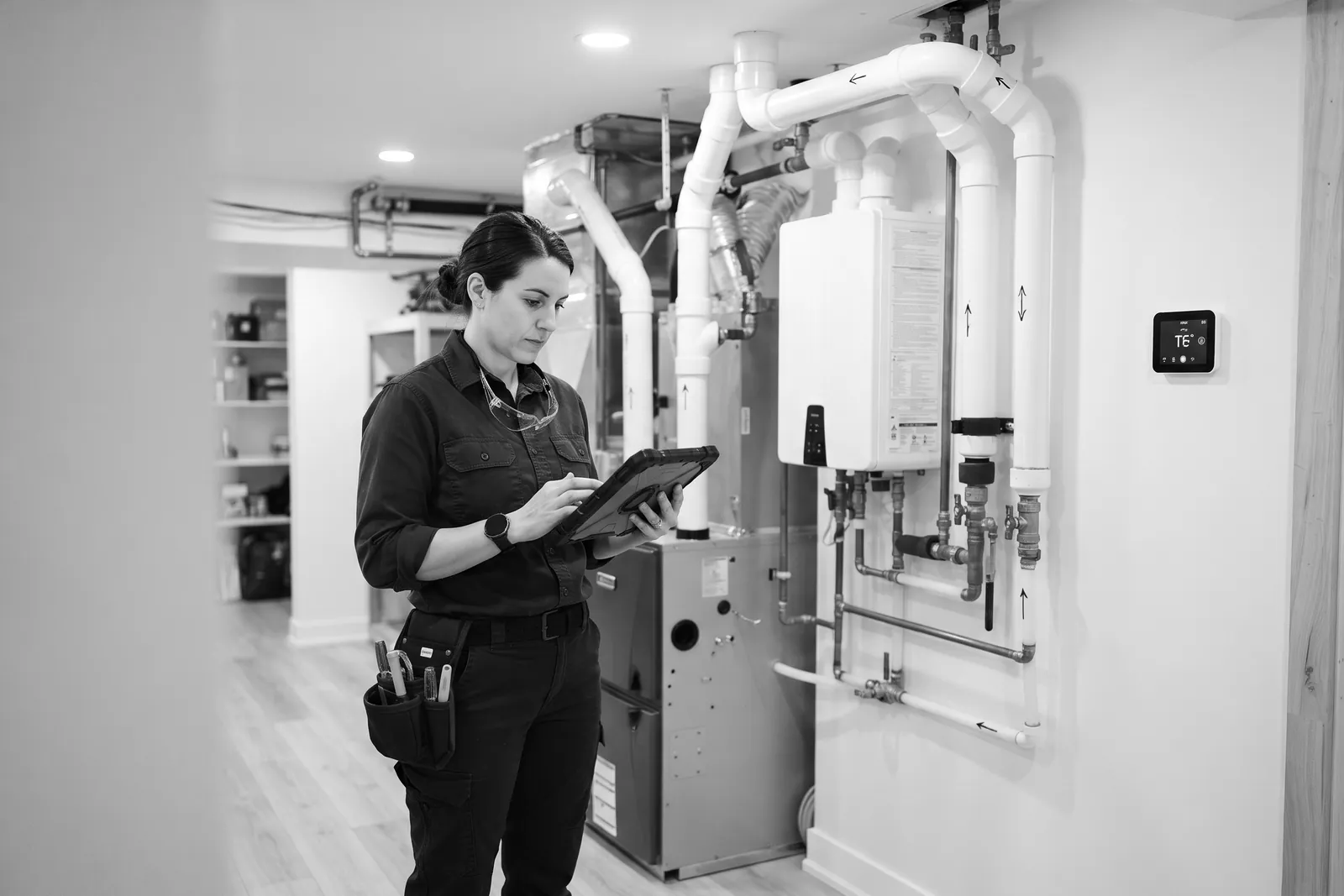 Technician with a tablet checking a high-efficiency furnace and tankless water heater