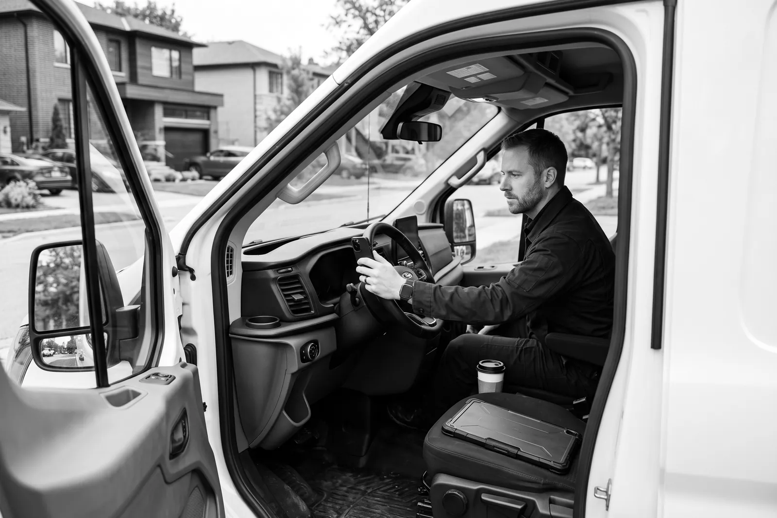 Tradesperson checking a phone in the driver's seat of a work van on a new-build street