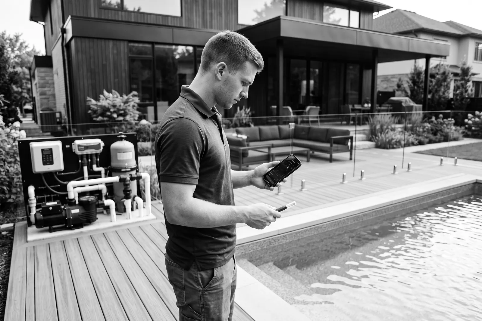 Pool technician checking a phone beside the equipment of a modern backyard pool