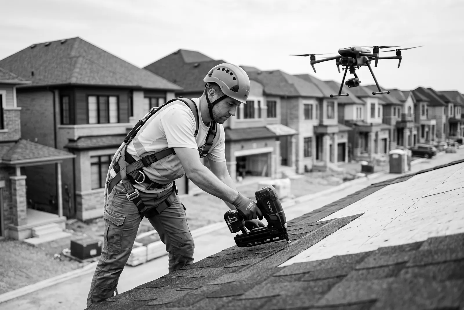 Roofer in a safety harness nailing shingles on a new home while a drone inspects