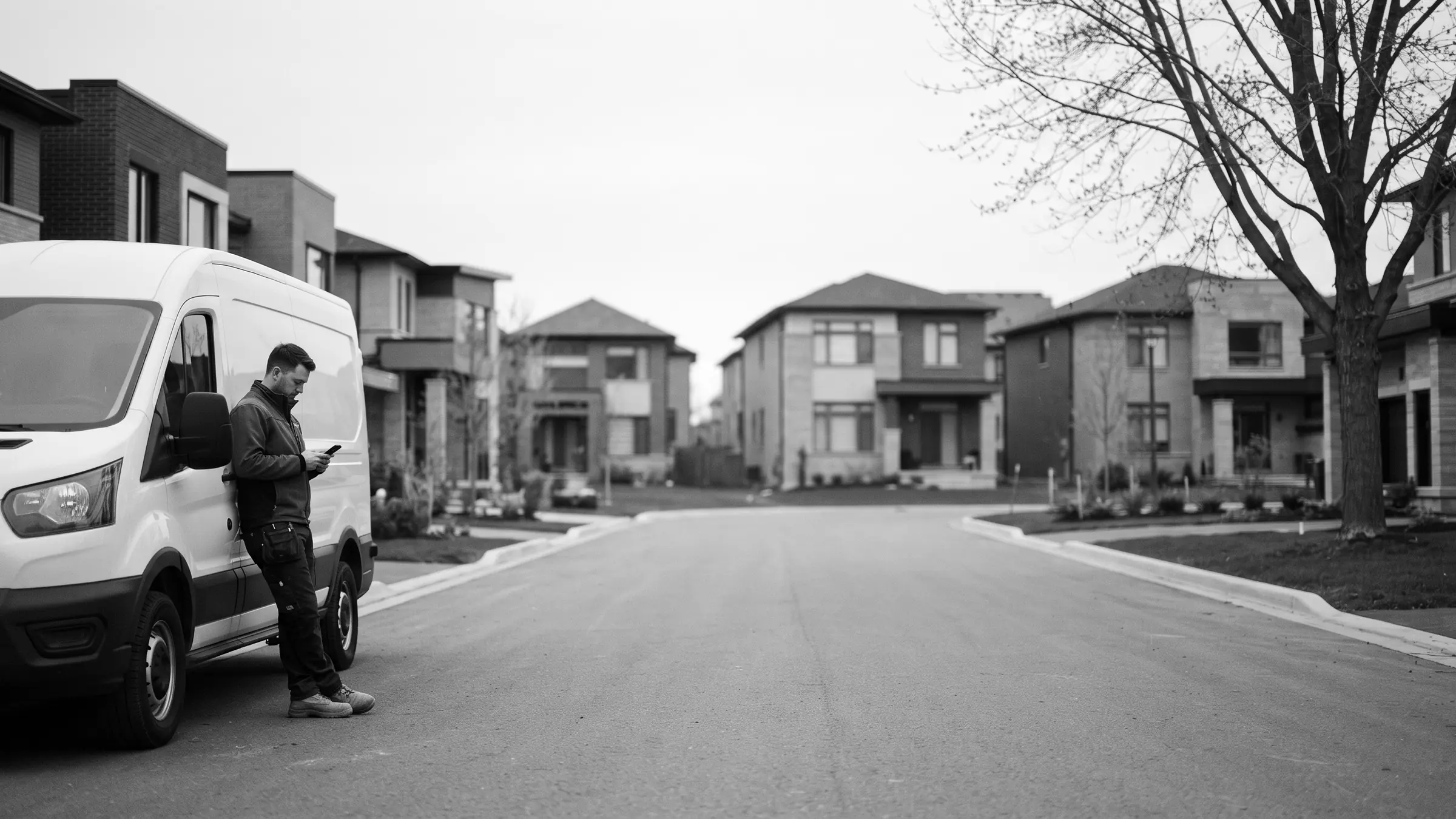 A tradesperson checking his phone beside a work van on a new-build street