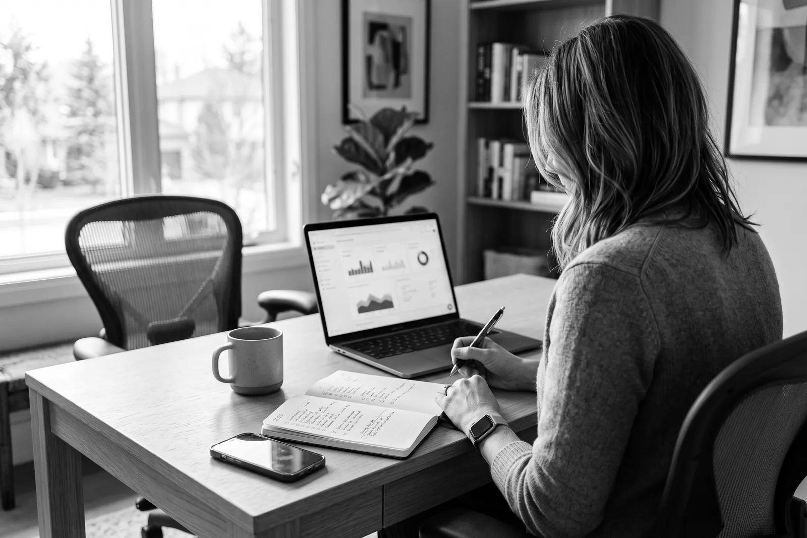 Business owner working through a checklist at a laptop in a home office