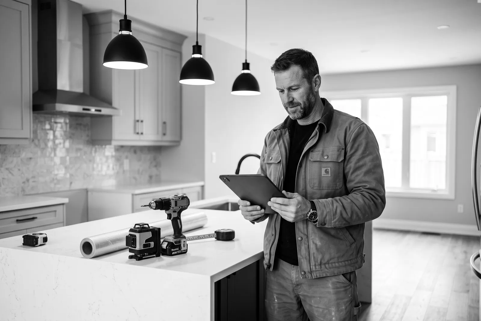 Contractor with a tablet in a newly finished kitchen